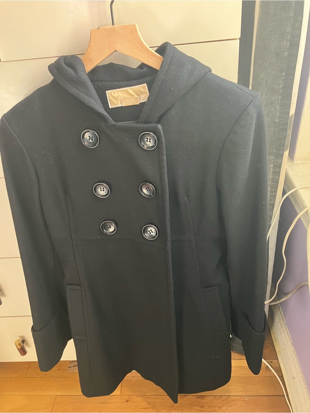 Michael Kors Black Double-Breasted Hooded Wool-Blend Coat